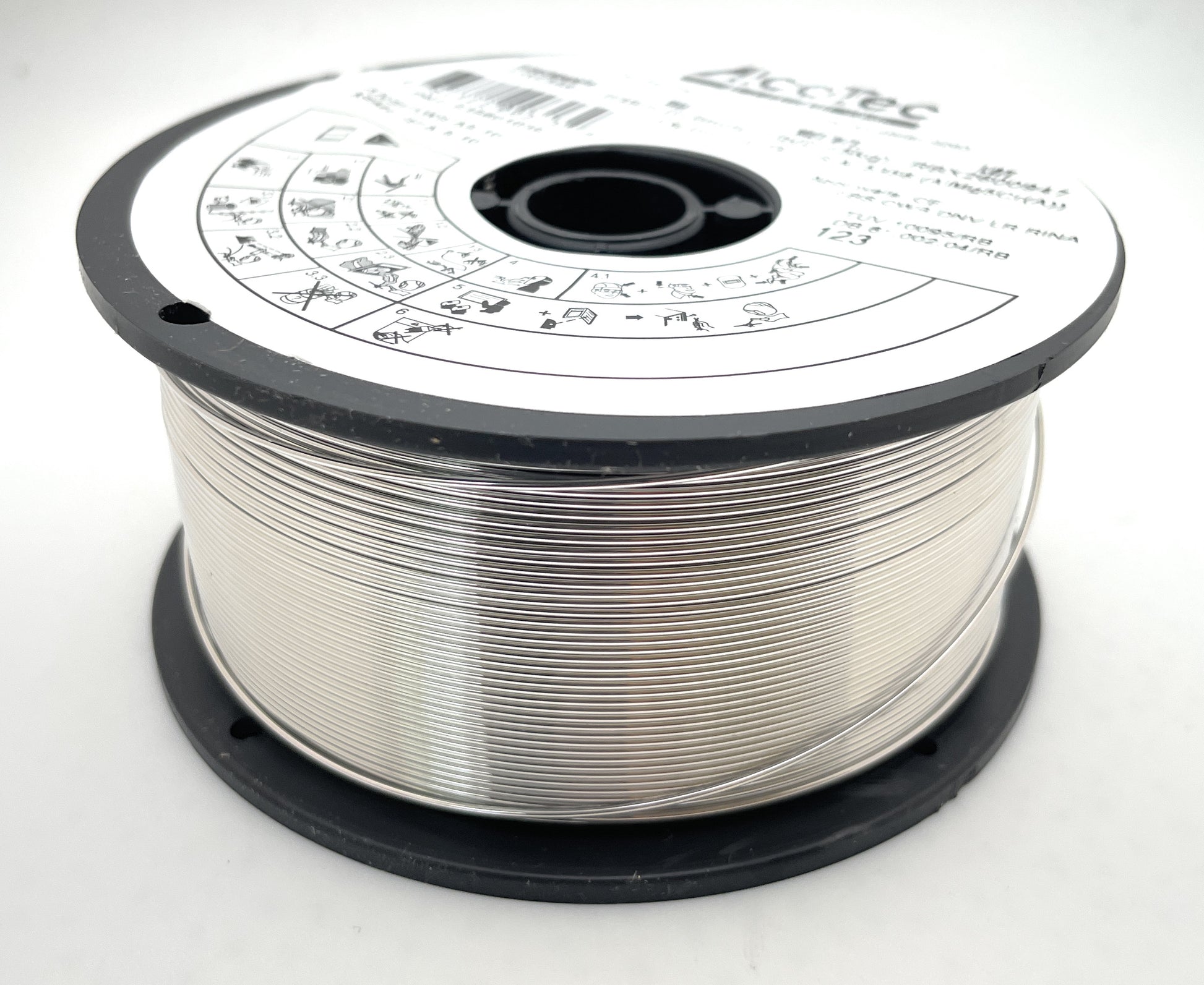 Close-up view of Alcotec 535601035 ER5356 .035 x 1lb Aluminum Welding Wire, highlighting its durable design and suitability for Gas Metal Arc Welding, by ALCOTEC.