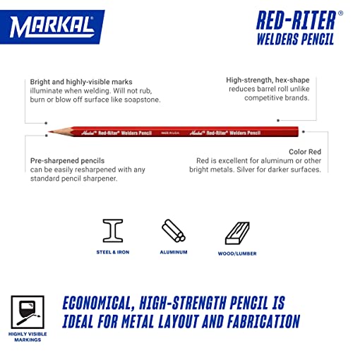 Markal 96100 Red-Riter Welders Pencil for Torch-Resistant Marks During Metal Layout and Fabrication, Red (Pack of 12) Made in USA