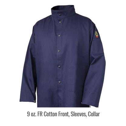 Detailed view of Black Stallion JF1625-NG Stretch-Back FR Cotton Welding Jacket, showcasing the flame resistant material and lightweight design, suitable for comfort while welding.