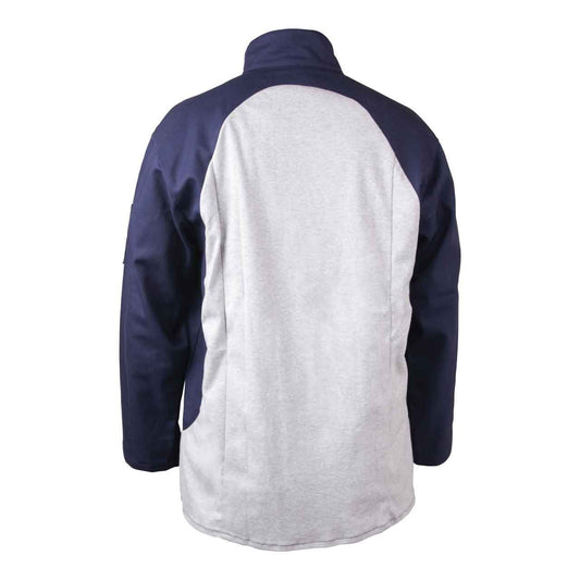 Black Stallion JF1625-NG Stretch-Back FR Cotton Welding Jacket in Navy and Gray, Medium, featuring flame resistant materials for safety during light welding applications.