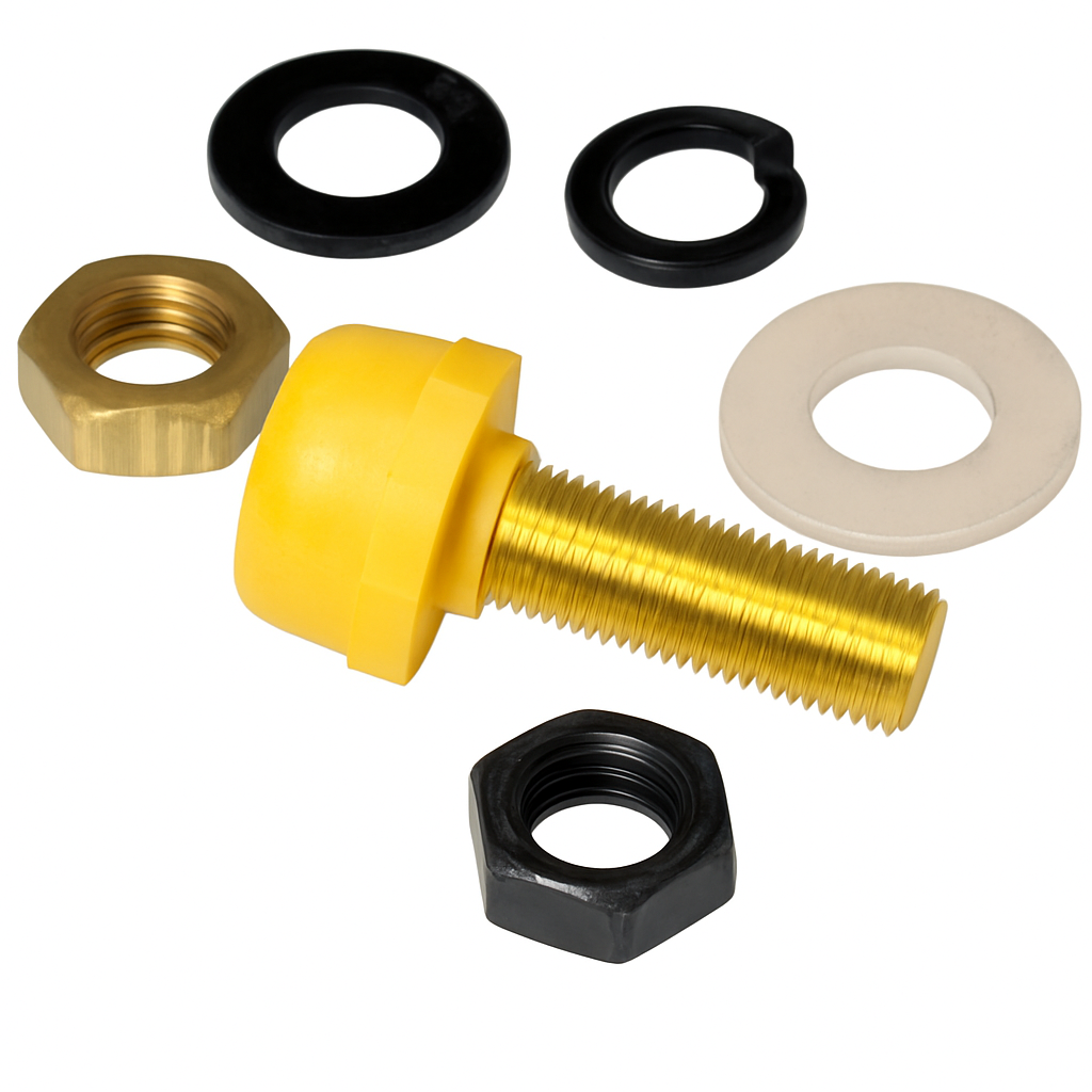 Miller Electric 057608 Yellow Machine Receptacle Plug components including a yellow plug, washers, and nuts for durable electrical connections.
