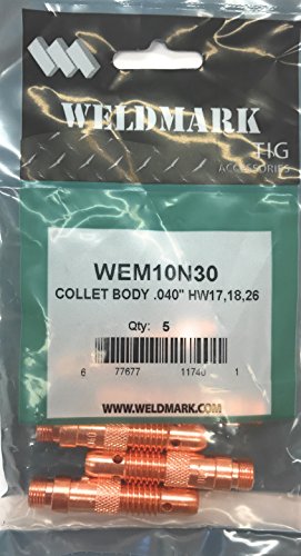 Pack of 5 Weldmark TIG Collet Bodies for #17, #18, #26 Torch, featuring specifications on packaging for .040" hardware.