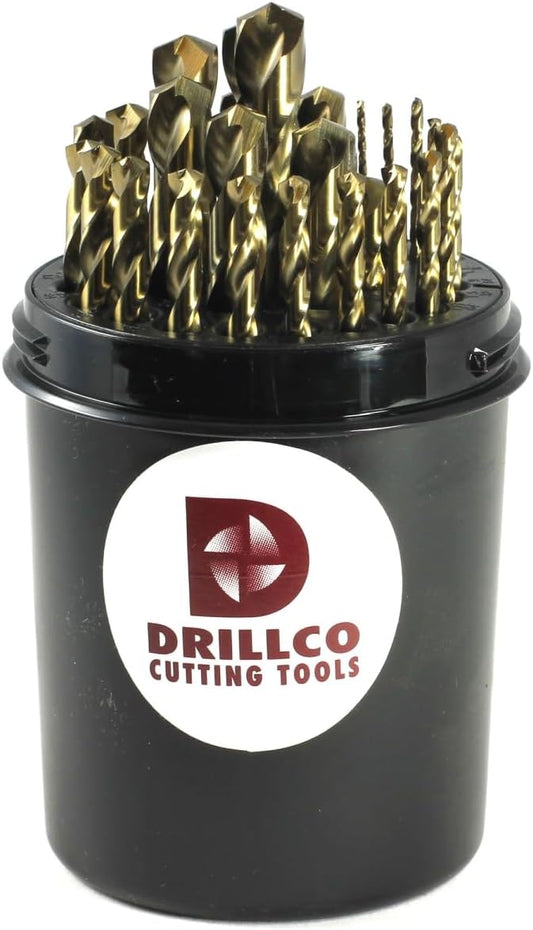 Drillco 500EW29 M42 Cobalt Jobber Drill Bit Set, 29-Piece, 1/16" - 1/2" by 64ths, 135° Split Point