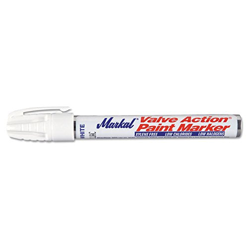 Markal 96820 Valve Action White Paint Marker, ideal for precision marking and durable application on various surfaces.