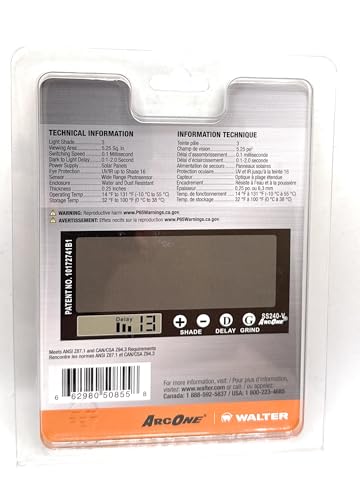 Detailed specifications of the ArcOne SS240V Horizontal Single Auto-Darkening Lens, 2 x 4", including features such as sensitivity control, delay variable, and grind mode, highlighting its functionality as a horizontal auto-darkening lens.