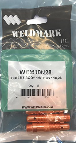 Pack of 5 Weldmark TIG Collet Bodies for #17, #18, #26 Torch in clear packaging, branded with Weldmark logo.
