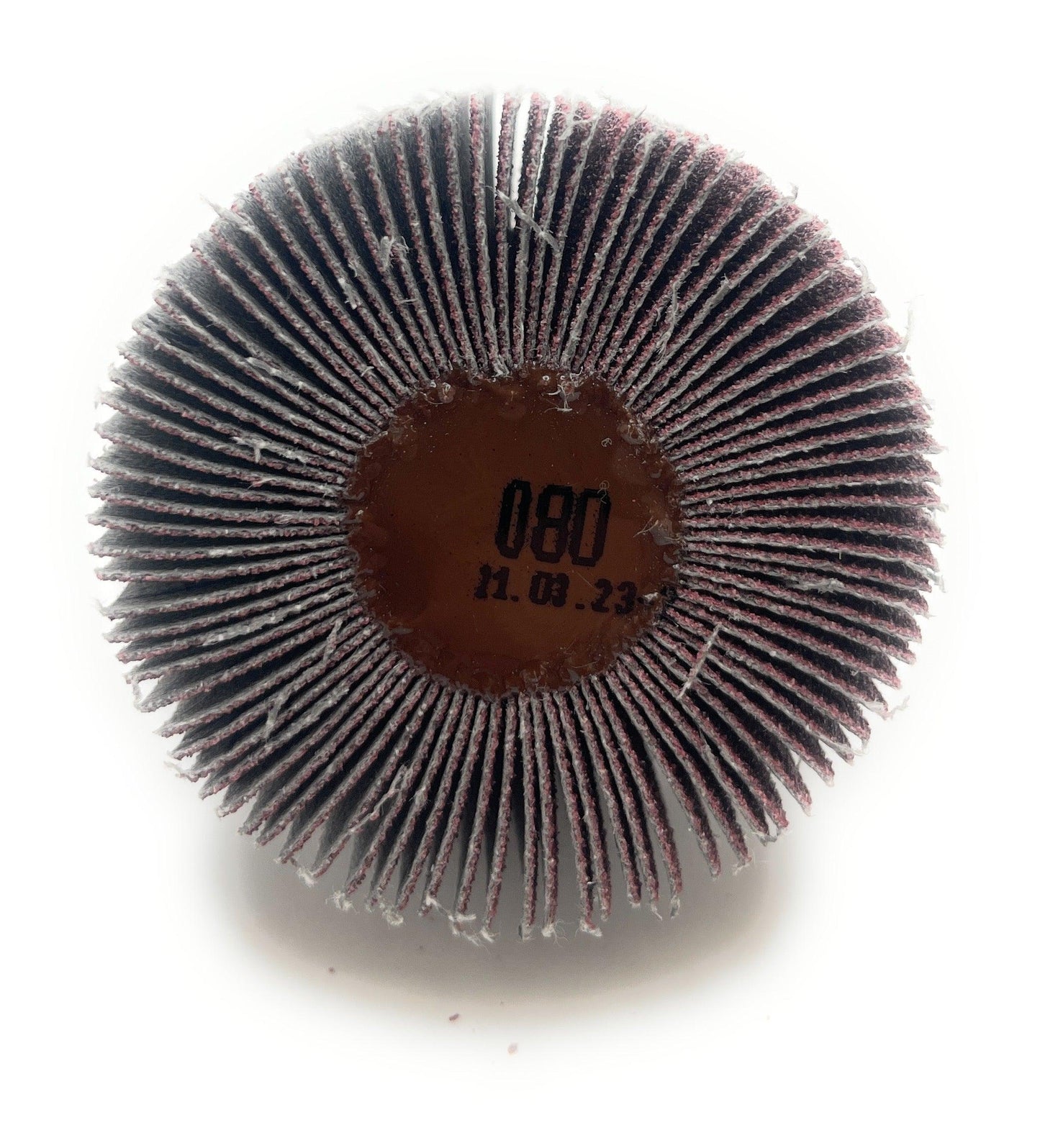 CGW Abrasives CGW 39933 Flap Wheels - 2" x 1" x 1/4" 80 Grit Flap Wheel viewed from the bottom, showing the grit rating of 80 and the detailed construction suitable for professional and DIY projects.