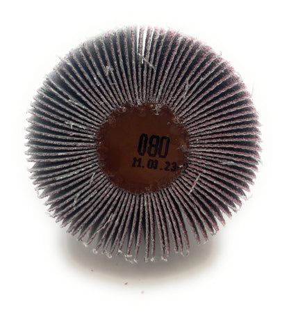 CGW Abrasives CGW 39933 Flap Wheels - 2" x 1" x 1/4" 80 Grit Flap Wheel viewed from the bottom, showing the grit rating of 80 and the detailed construction suitable for professional and DIY projects.