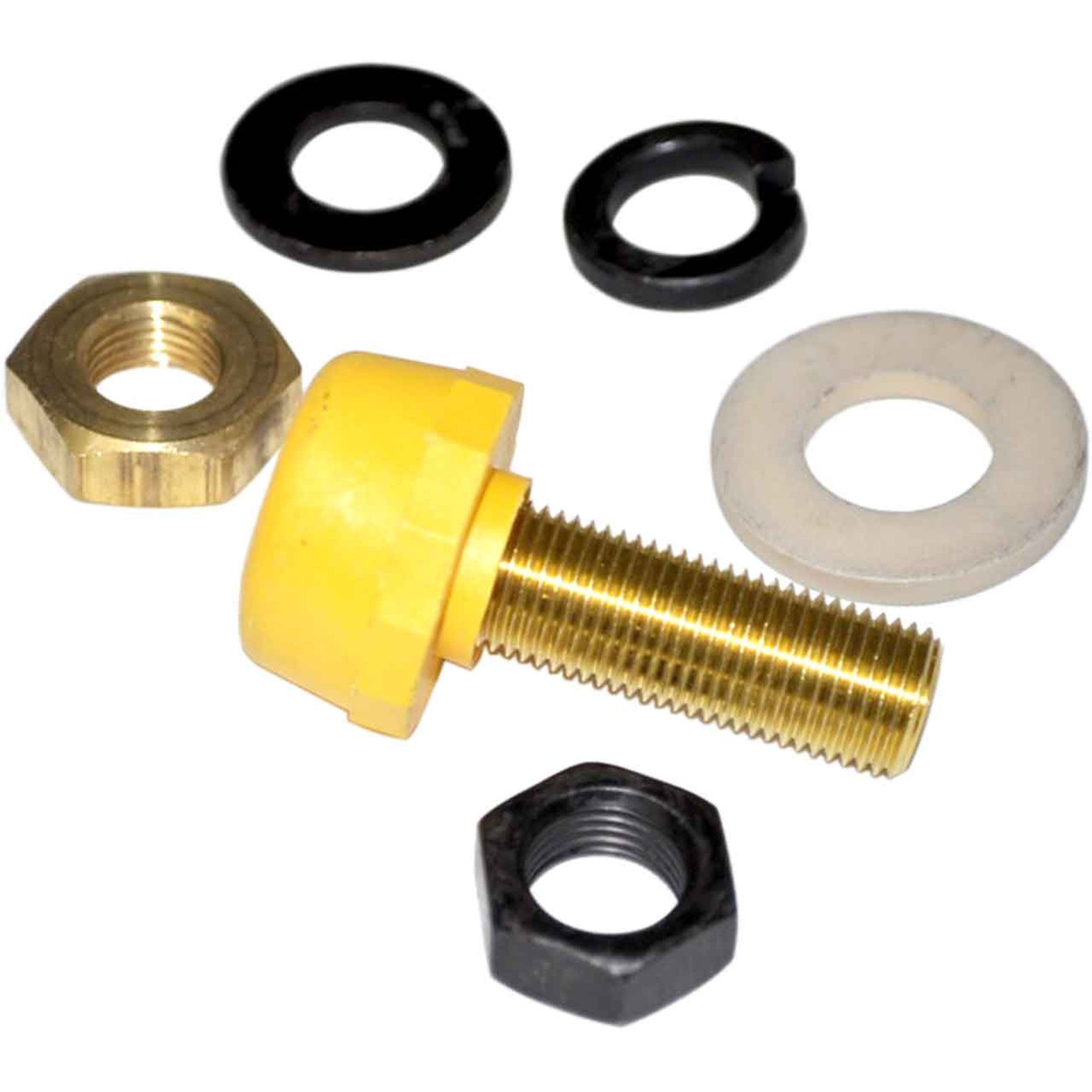 Miller Electric 057608 Yellow Machine Receptacle Plug parts featuring a yellow receptacle, brass nut, and assorted washers for reliable electrical setups.