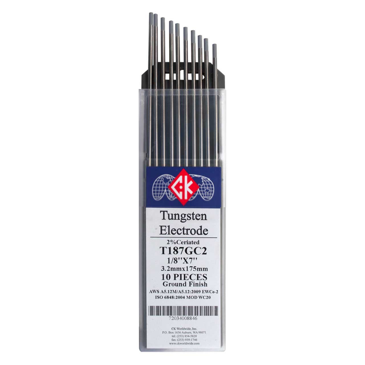 CK T187GC2, 2% Ceriated Tungsten Electrode 1/8" x 7" (10 Pack)