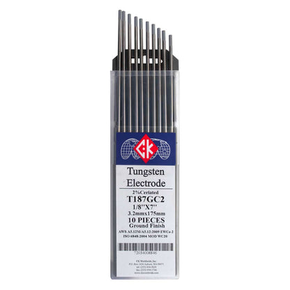 CK T187GC2, 2% Ceriated Tungsten Electrode 1/8" x 7" (10 Pack)