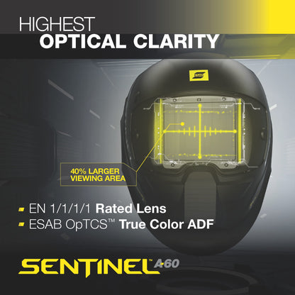 ESAB 0700600860 Sentinel A60 Welding Helmet with panoramic view and precise 0.5 shade adjustment feature.