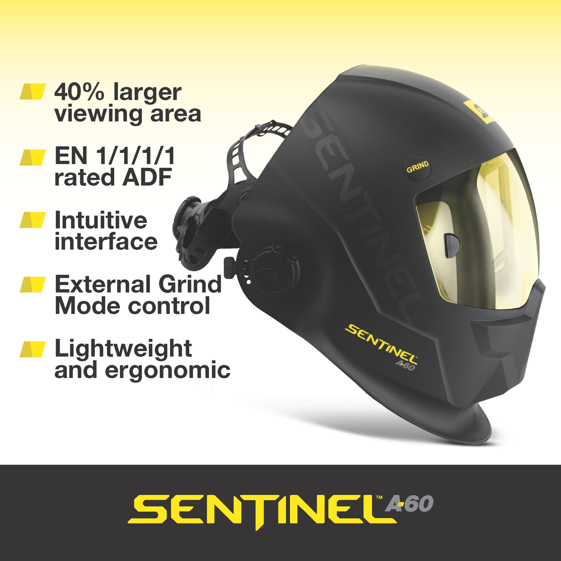 Detailed shot of ESAB 0700600860 Sentinel A60 Welding Helmet, emphasizing its robust build and auto-darkening capabilities.