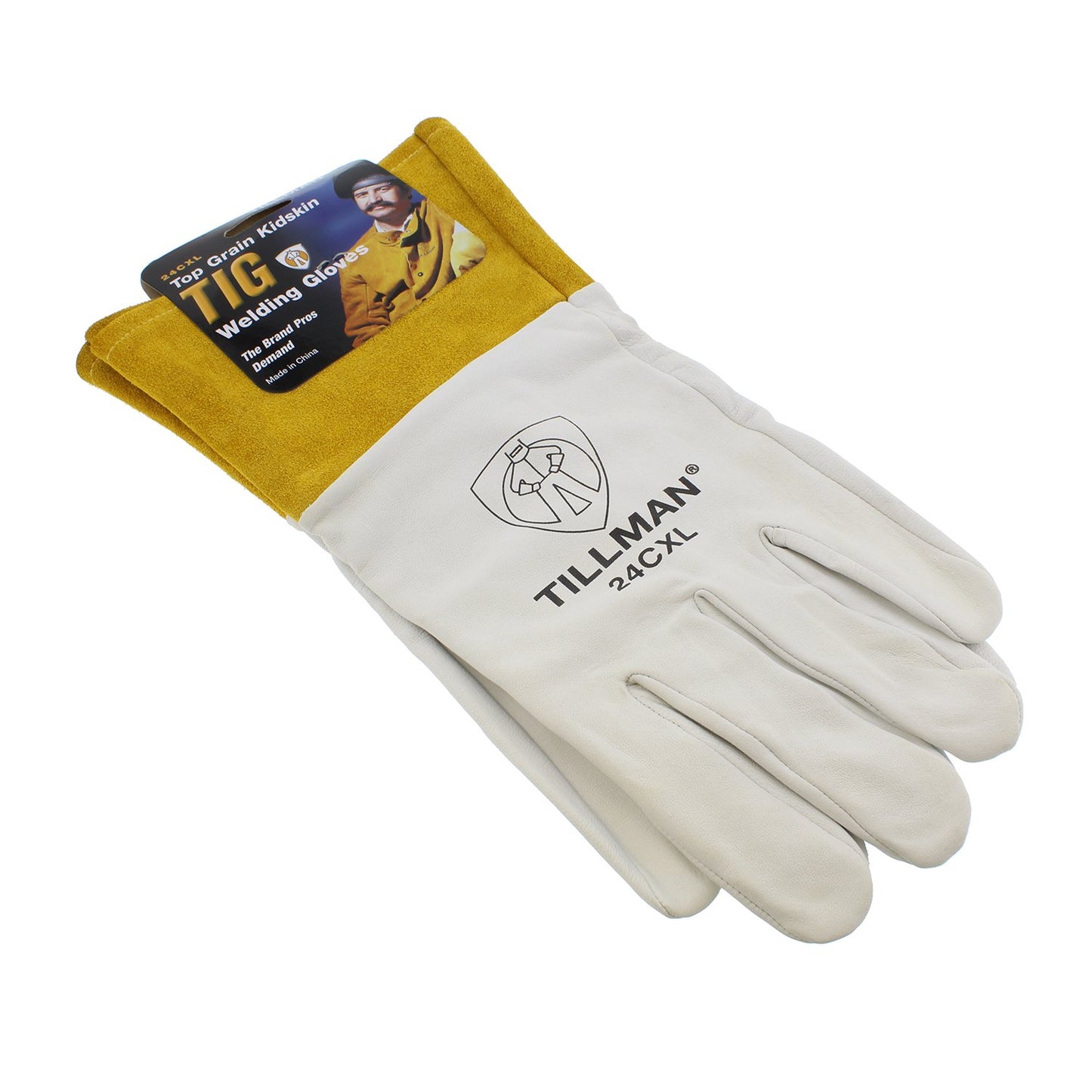 Tillman 24C-XL TIG Welding Gloves, Kidskin Top Grain, , Pearl/Gold, XL, 12" Length, 4" Cuff, Carded, 1 Pair