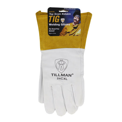 Tillman 24C-XL TIG Welding Gloves, Kidskin Top Grain, , Pearl/Gold, XL, 12" Length, 4" Cuff, Carded, 1 Pair