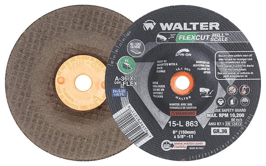 Walter Surface Technologies Walter 15L863 FLEXCUT Mill Scale Flexible Grinding Wheel for effective grinding on curved surfaces.