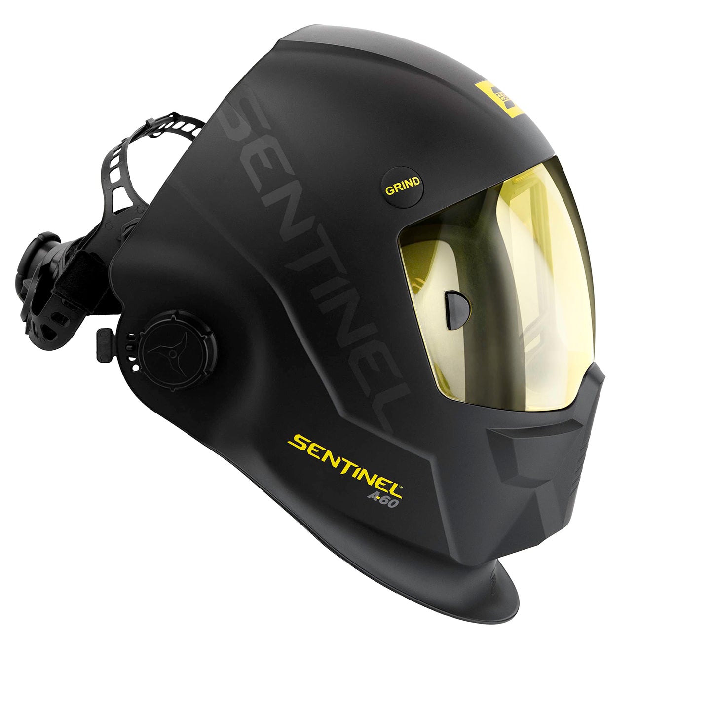 Front angle of ESAB 0700600860 Sentinel A60 Welding Helmet demonstrating the external grind mode button and advanced ADF.
