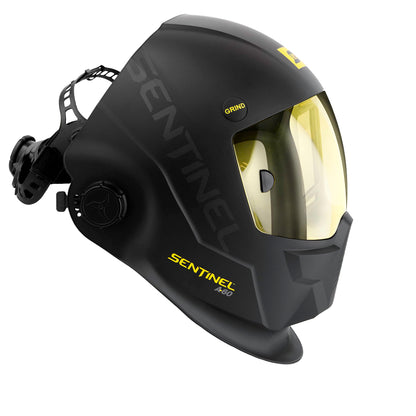 Front angle of ESAB 0700600860 Sentinel A60 Welding Helmet demonstrating the external grind mode button and advanced ADF.