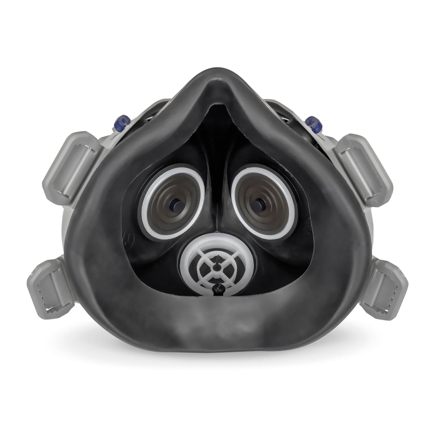 Miller 295274 LPR-100 Gen. II Half Mask Respirator displayed under a welding helmet, highlighting its comfort and efficiency in p-100 nuisance organic vapor relief.
