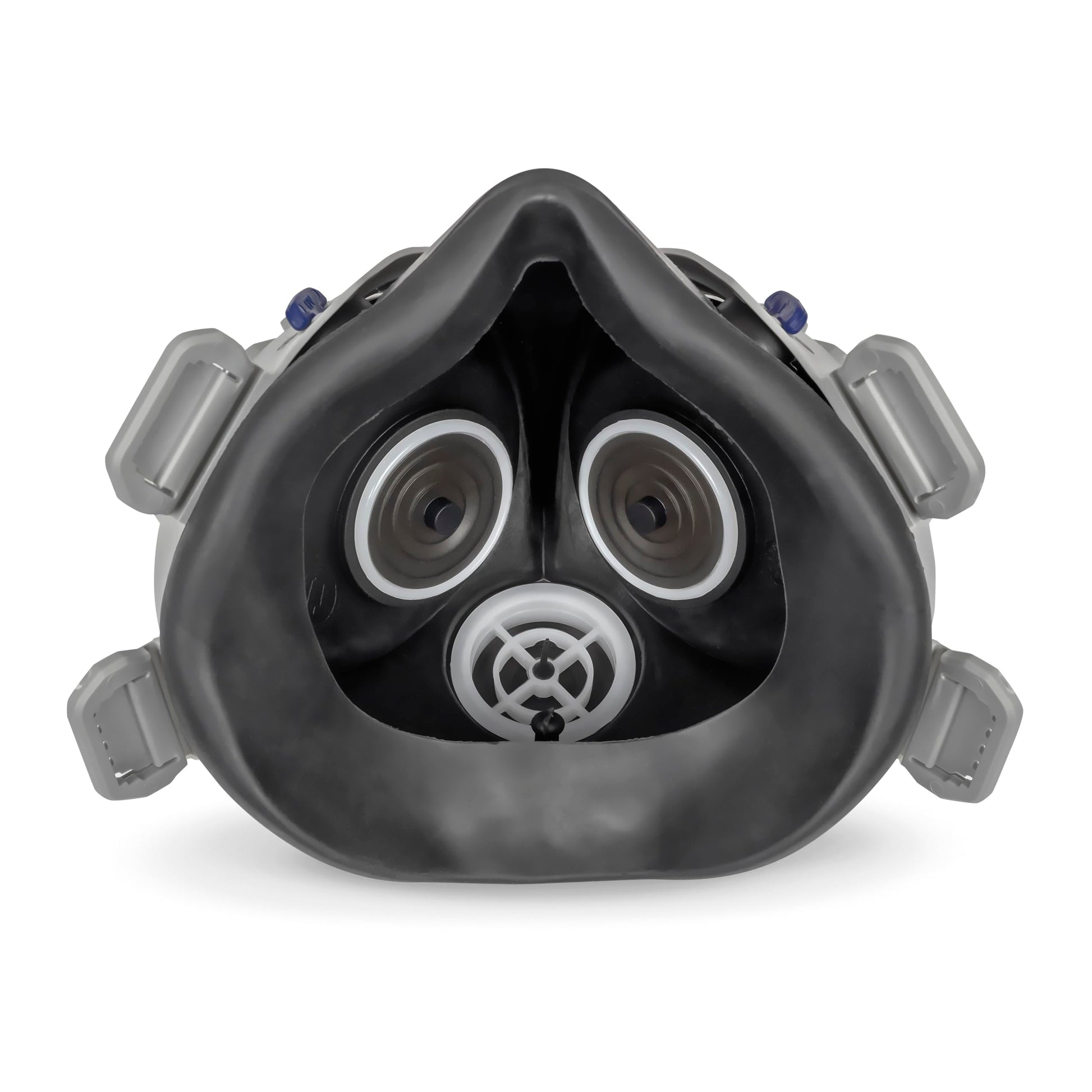 Miller 295274 LPR-100 Gen. II Half Mask Respirator displayed under a welding helmet, highlighting its comfort and efficiency in p-100 nuisance organic vapor relief.