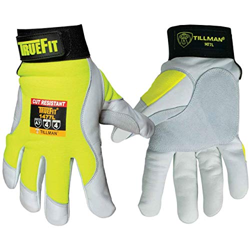 Tillman 1477 Premium Goatskin Performance Gloves showcasing ANSI A7 cut resistance, designed for comfort and durability, featuring TrueFit design and high visibility.
