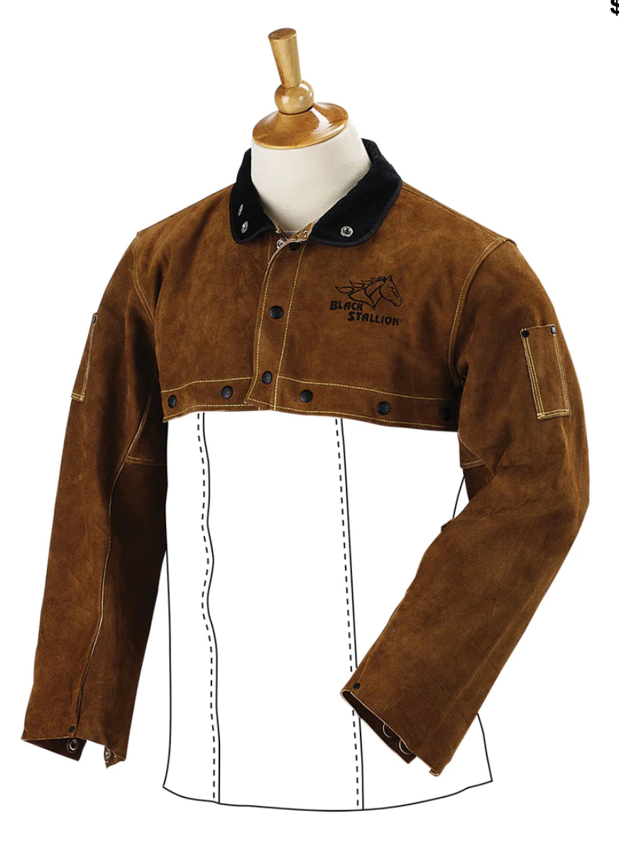 Black Stallion 21CS-XL X-Large Cowhide Welding Cape Sleeve featuring gussets, Kevlar stitching, and scribe pockets, displayed on a mannequin.