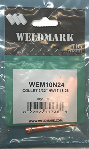 Weldmark 5-Pack Collets for TIG Torches #17, #18, #26 - High Quality Performance featuring 3/32 inch size collets in packaging.