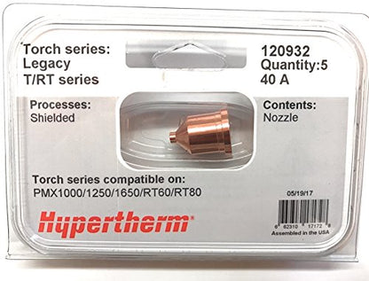 Hypertherm 120932 Shielded Nozzle, designed for 40 amp plasma cutter applications, compatible with Powermax series.