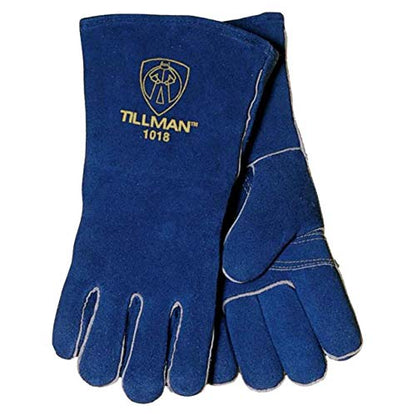 Tillman 1018 Large Cowhide Welding Gloves in blue, 14 inches long with reinforced thumb, by John Tillman and Co.