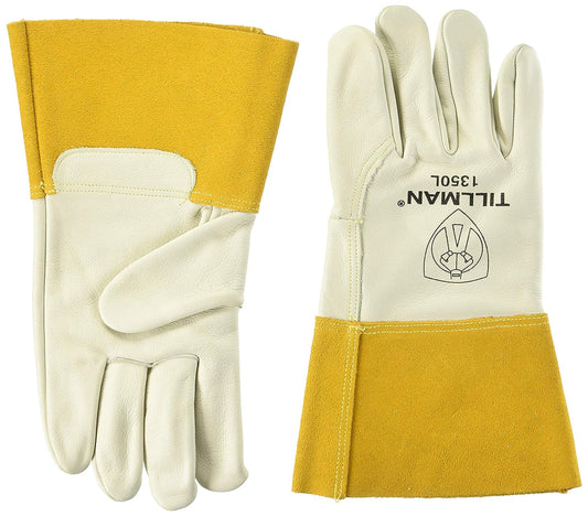 John Tillman 1350-L Mig Tig Gloves, Large size, pack of 1 pair. High-quality Pearl and Gold heavy-duty top grain cowhide Mig Glove perfect for welding tasks.