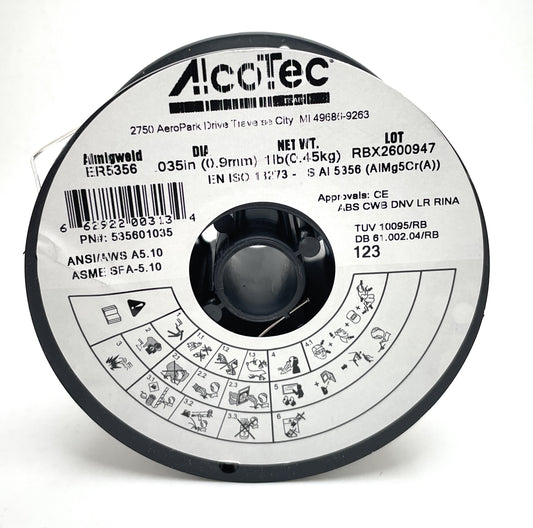 Alcotec 535601035 ER5356 .035 x 1lb. Aluminum Welding Wire on display, ideal for professional welders seeking high performance for automotive repairs, aluminum structures, and marine components.