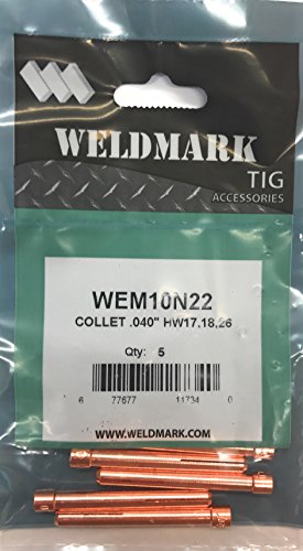 Weldmark 5-Pack Collets for TIG Torches #17, #18, #26 - High Quality Performance featuring .040 size collets in packaging.