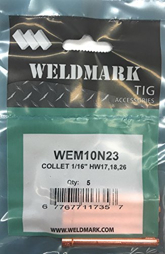 Weldmark 5-Pack Collets for TIG Torches #17, #18, #26 - High Quality Performance featuring 1/16 inch size collets in packaging.