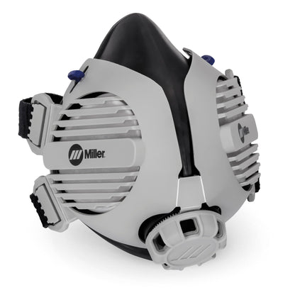 Close-up of Miller 295273 LPR-100 Gen. II Half Mask Respirator showing filter technology and downward-facing exhaust valve design. Effective half mask respirator for minimizing lens fogging.
