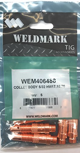 Weldmark TIG Collet Body Pack of 5 for #17, #18, #26 Torch - Durable Welding Accessories, showcasing a pack containing collet bodies with specifications and barcode.