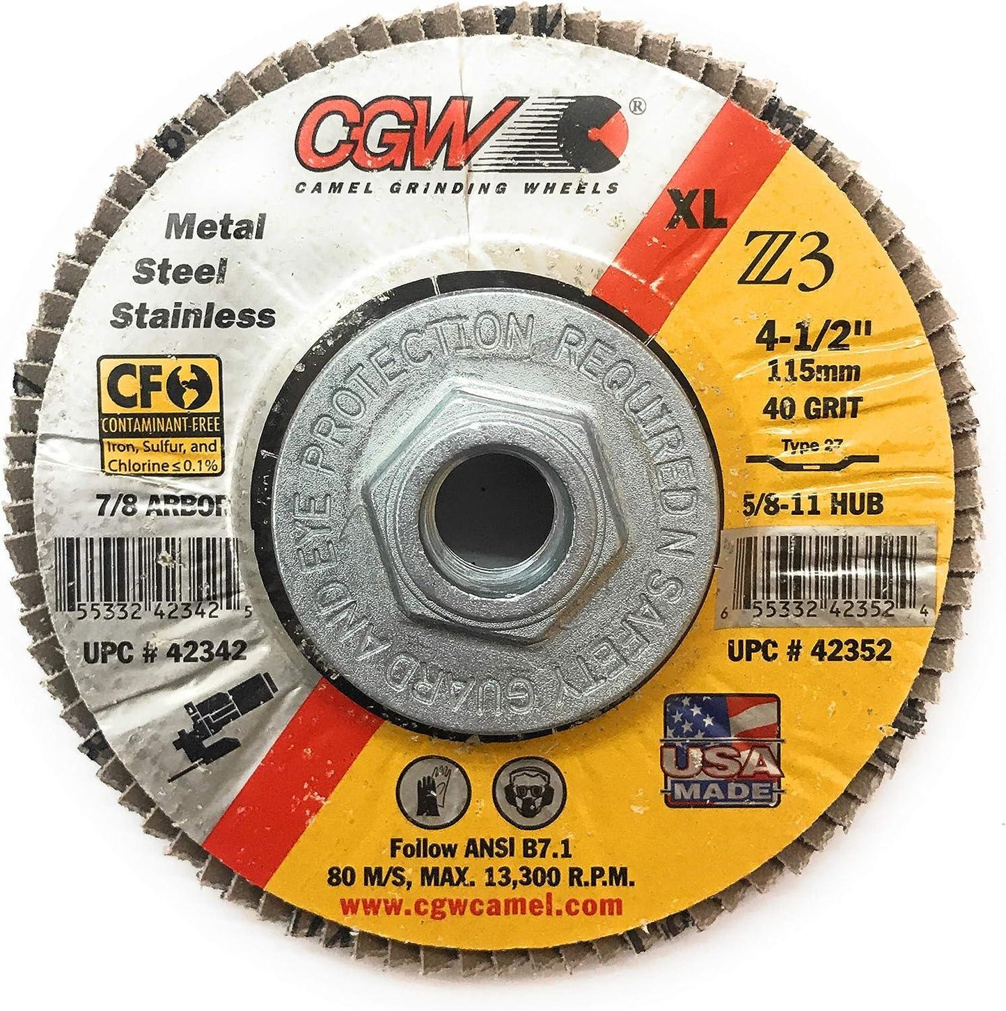 CGW Abrasive 42352 40 Grit Flap Disc, Z3 - 100% Zirconia, XL - 4.5" x 5/8-11, showcasing its durable construction and threaded hub, designed for cutting metal and stainless steel, produced by CGW Abrasives.