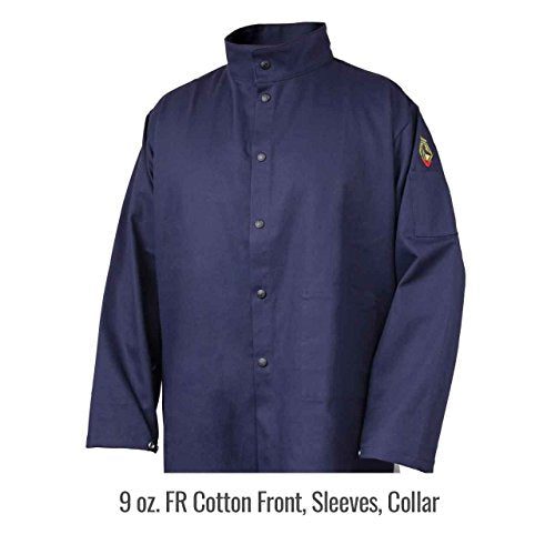 Close-up of the Black Stallion JF1625-NG Stretch-Back FR Cotton Welding Jacket, highlighting the breathable flame resistant welding jacket material and construction for effective welding performances.