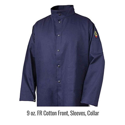 Close-up of the Black Stallion JF1625-NG Stretch-Back FR Cotton Welding Jacket, highlighting the breathable flame resistant welding jacket material and construction for effective welding performances.