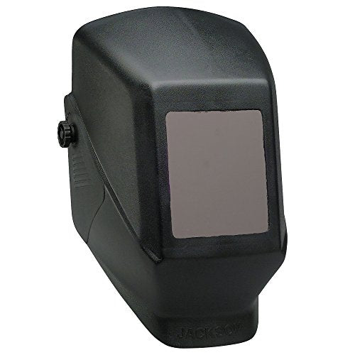 Jackson Safety Jackson 15134 W10 HSL 100 Black Passive Welding Helmet showcasing a sleek black design with a darkened viewing area, ideal for welders.