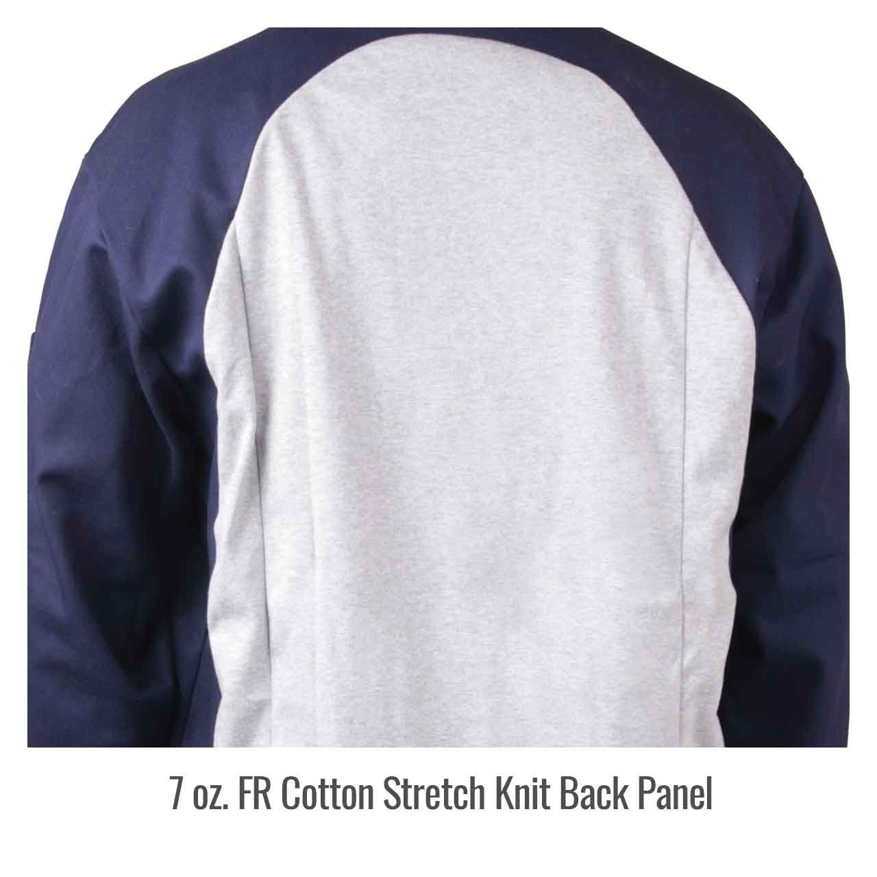 Back view of Black Stallion JF1625-NG Stretch-Back FR Cotton Welding Jacket highlighting the breathable stretch knit back panel for enhanced airflow, ideal as a flame resistant welding jacket.