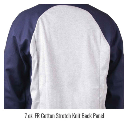 Back view of Black Stallion JF1625-NG Stretch-Back FR Cotton Welding Jacket highlighting the breathable stretch knit back panel for enhanced airflow, ideal as a flame resistant welding jacket.