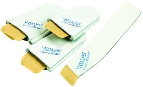 Weldas Glove Medic Leather Repair Patch Kit 10-1911 displayed with three leather patches for enhancing welding and mechanics gloves.