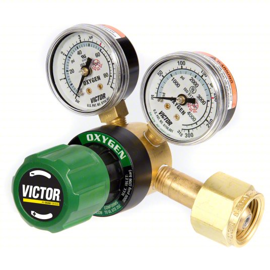 Victor 0781-4227 G150-60-540 Light Duty Oxygen Cylinder Regulator featuring dual pressure gauges for precise gas flow control and a machined brass body design.