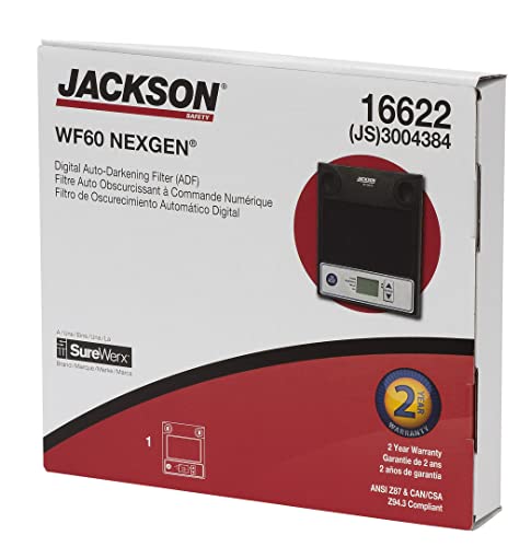 Jackson Safety 16622 NexGen 3-In-1 Digital ADF Cartridge packaging, presenting the product with a two-year warranty and details on digital auto-darkening filter features.