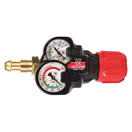 Victor EDGE 2.0 ESS32-15-510 Heavy Duty Single Stage Regulator shown with enhanced gauge design, featuring pressure gauges and color-coded knobs, ideal for industrial and commercial welding applications.