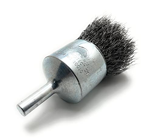 Weiler 10010 1-Inch Crimped Wire End Brush .0104" Steel, featuring a durable design perfect for heavy-duty cleaning tasks, captured from a different angle.