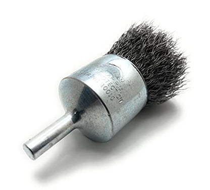 Weiler 10010 1-Inch Crimped Wire End Brush .0104" Steel, featuring a durable design perfect for heavy-duty cleaning tasks, captured from a different angle.