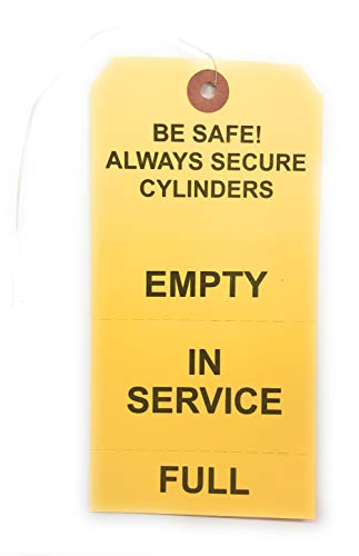 Yellow Status Tag by Ratermann, featuring clear bold text stating 'Be Safe! Always Secure Cylinders', with options for 'Empty', 'In Service', and 'Full', designed for industrial safety communication.
