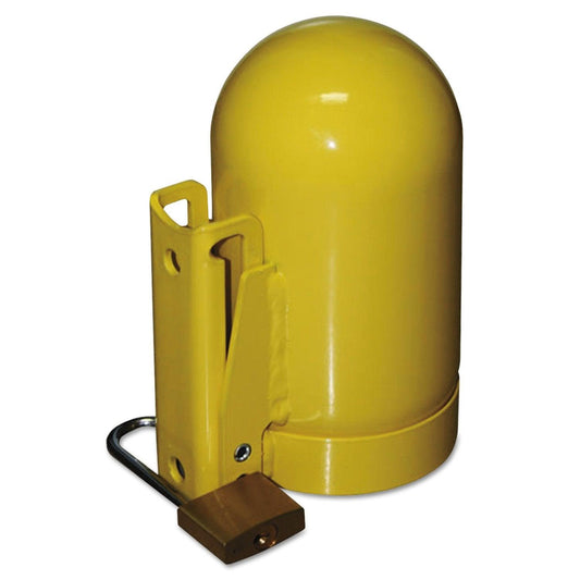 Saf-T-Cart SC8FNNP-12 Cylinder Cap, High Pressure, 3 1/8", Steel, Yellow, Pack of (1) features a durable yellow safety cap designed for Gas Apparatus Accessory, ensuring easy access to gas valves with enhanced visibility.