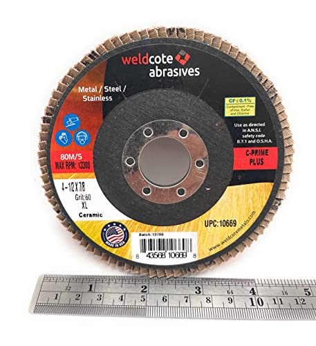 Weldcote Metals Weldcote XL 4.5" Flap Disc C-Prime Ceramic 60 Grit 7/8" Arbor showcasing the disc surface with measurement ruler for heavy duty grinding.
